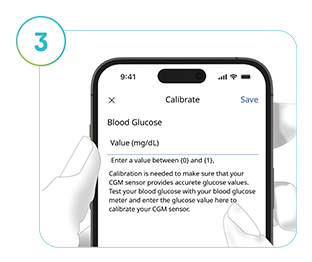  Screenshot of the SmartGuide apps’ Calibrate screen, detailing how to calibrate the CGM solution.