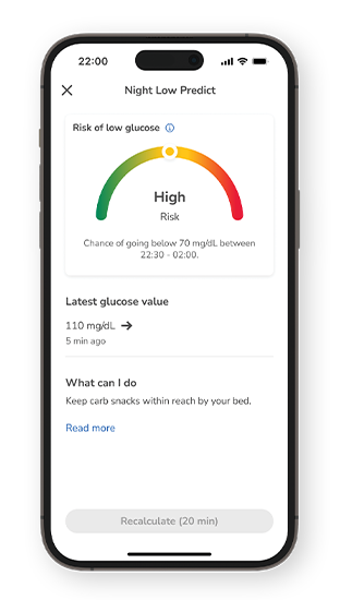 Phone screen showing 'High' risk for low glucose during the night with a 110 mg/dL[6.1 mmol/L]  reading and recommendation for nearby carb snacks.