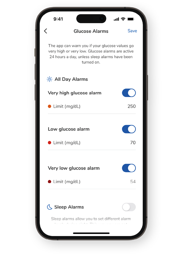 Screenshot of the Accu-Chek SmartGuide app Glucose Alarms page, detailing the alarm types you can enable.