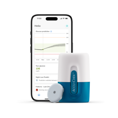 Image of the sensor, the applicator and a mobile phone showcasing the CGM app screen