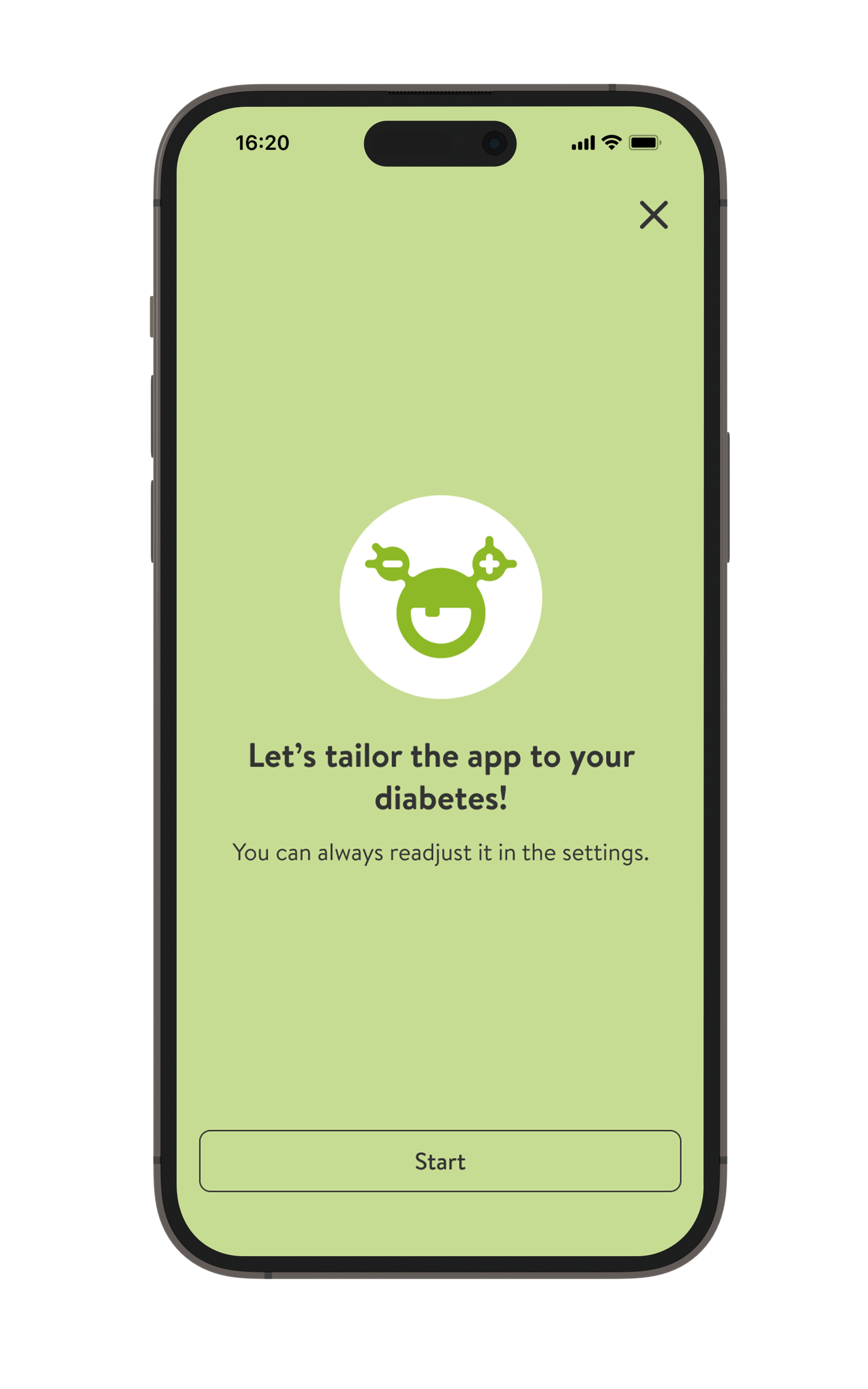 Screenshot of the mySugr app onboarding start screen.