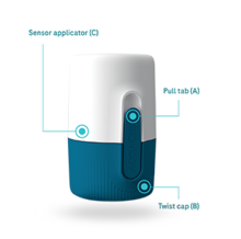 Image depicting SmartGuide sensor elements (A) Pull tab, (B) Twist Cap, (C) Sensor applicator.