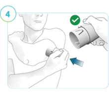 Illustration of Step 4: A person using the applicator to insert the CGM on the prepared application site.