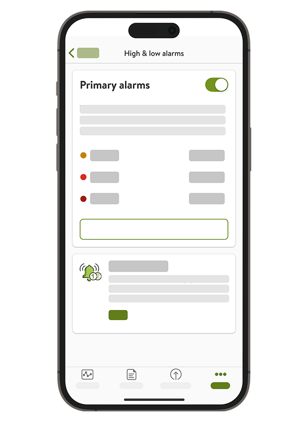 Screenshot of mySugr Glucose Insights` Glucose Alarms page, detailing the alarm types you can enable.