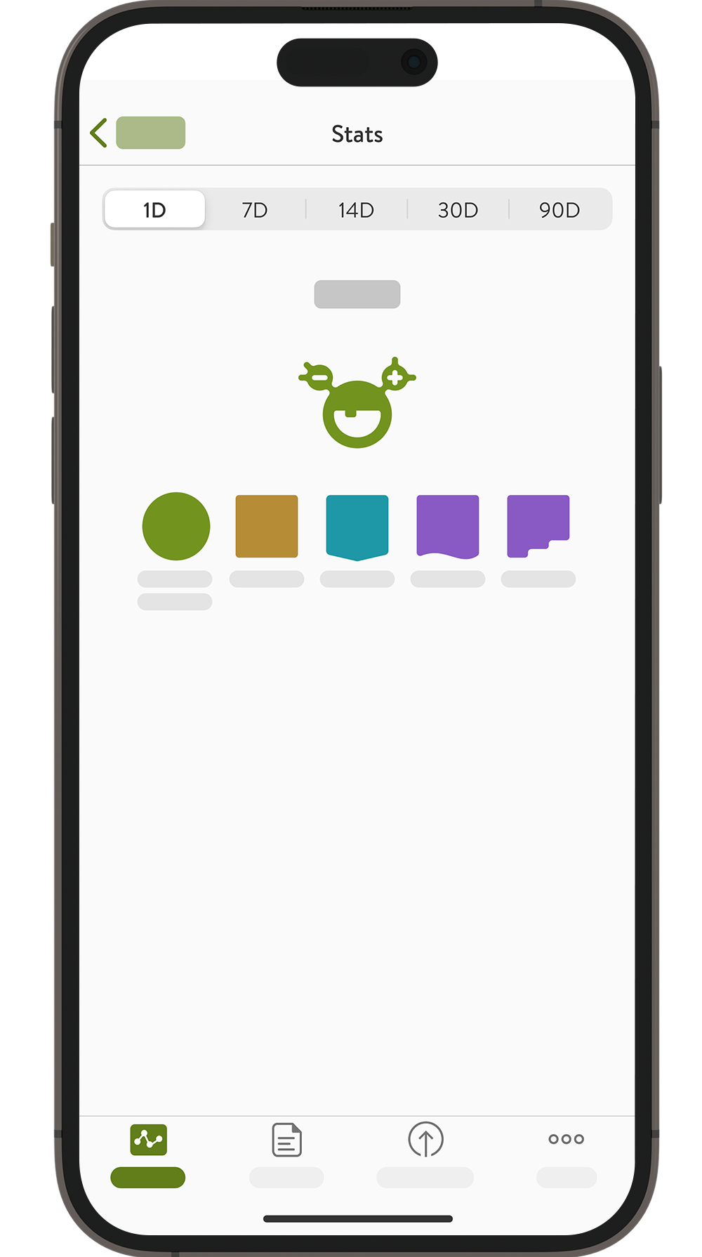 Screenshot of the mySugr app Graphs screen displaying statistics like CGM average value, carbs, bolus, activity and steps