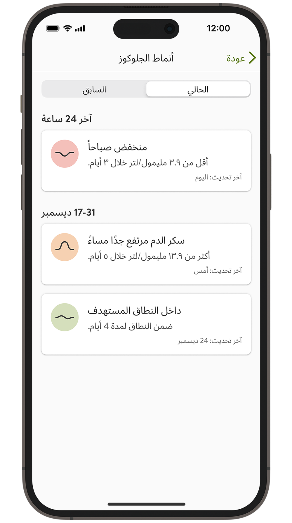 تطبيق معارف جلوكوز mySugr مع ميزة الملخص الأسبوعي، مبيّنًا أنماط الجلوكوز مثل انخفاض الصباح، ارتفاع المساء، والأحداث ضمن النطاق.