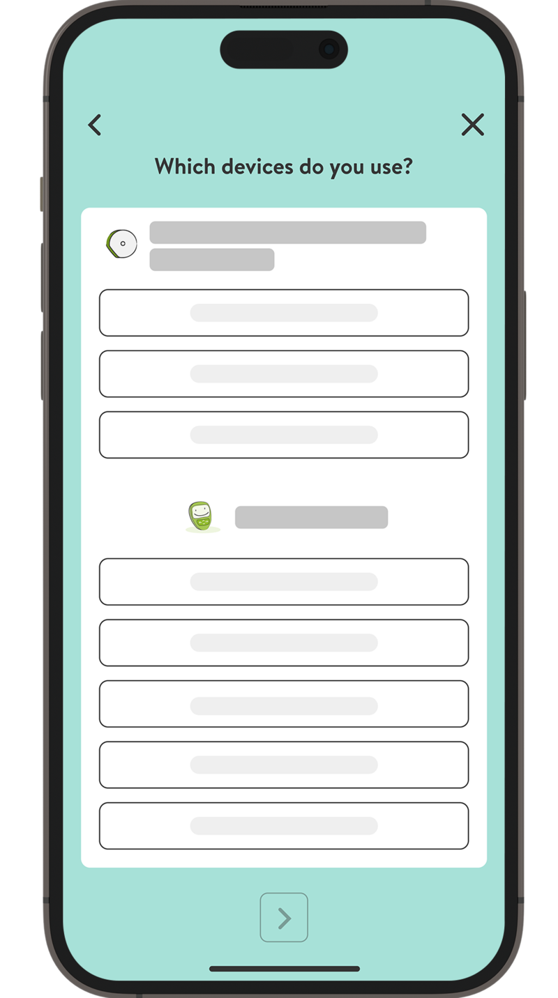 Screenshot of the mySugr app onboarding process, select insulin device.
