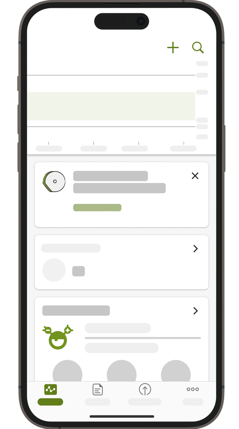 لقطة شاشة للصفحة الرئيسية لتطبيق mySugr، مع أداة الاتصال بجهاز المراقبة المستمرة لمستوى السكر في الدم.