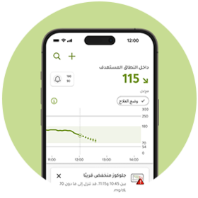 تطبيق  ماي شوجر يعرض ميزات التنبؤ بنسبة الجلوكوز في الدم (التنبؤ قبل 30 دقيقة، وقبل ساعتين، والتنبؤ بانخفاض مستوى السكر ليلاً) على شاشة هاتف ذكي.