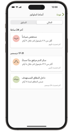 تطبيق معارف جلوكوز mySugr مع ميزة الملخص الأسبوعي، مبيّنًا أنماط الجلوكوز مثل انخفاض الصباح، ارتفاع المساء، والأحداث ضمن النطاق.
