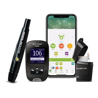 ابزارهای مدیریت دیابت نمایش داده شدند: دستگاه سنجش قند خون Accu-Chek، اپلیکیشن موبایل mySugr که داده‌های سلامت را نشان می‌دهد و دستگاه خونگیری برای آزمایش خون.