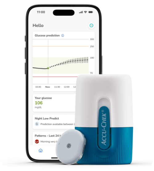 A continuous glucose monitor with the app displays a real-time glucose prediction curve on a smartphone screen.