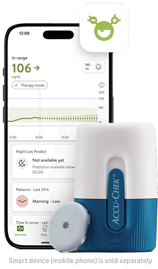 The Accu-Chek SmartGuide CGM monitoring sensor, applicator and a smartphone screen displaying glucose values on the mySugr app .
