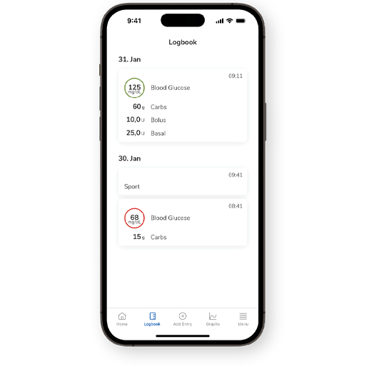 Screenshot of the SmartGuide CGM solutions’ Logbook screen.