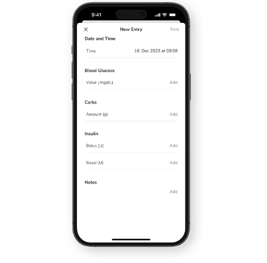 Screenshot of the SmartGuide CGM solutions’ Logbook entry screen.