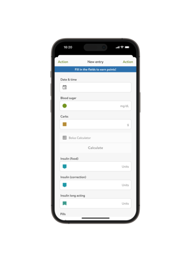  Screenshot of the mySugr Logbook New entry screen.