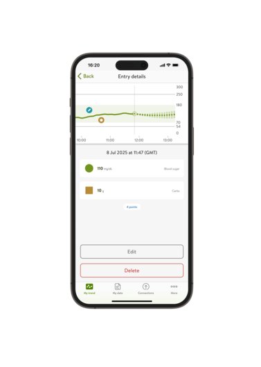 Screenshot of the mySugr Logbook Entry details screen.